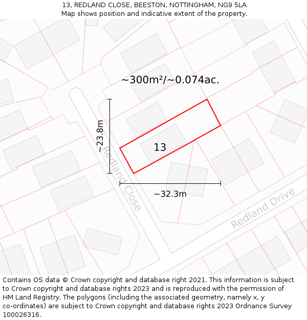 13, REDLAND CLOSE, BEESTON, NOTTINGHAM, NG9 5LA: Plot and title map