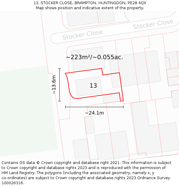 13, STOCKER CLOSE, BRAMPTON, HUNTINGDON, PE28 4QX: Plot and title map