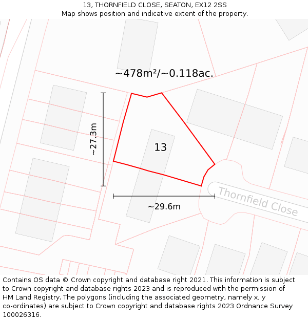 13, THORNFIELD CLOSE, SEATON, EX12 2SS: Plot and title map