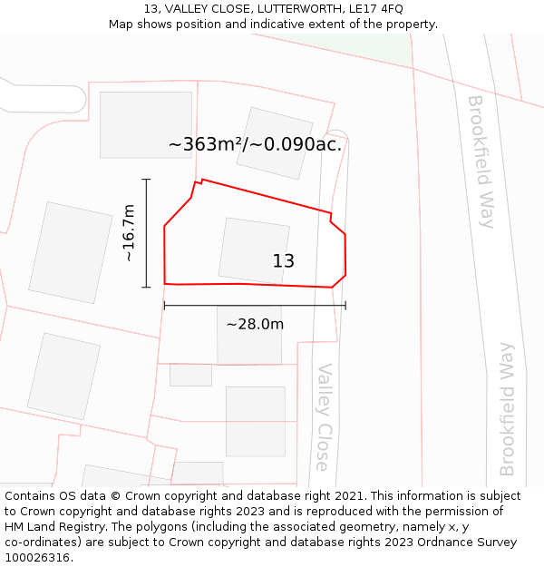 13, VALLEY CLOSE, LUTTERWORTH, LE17 4FQ: Plot and title map