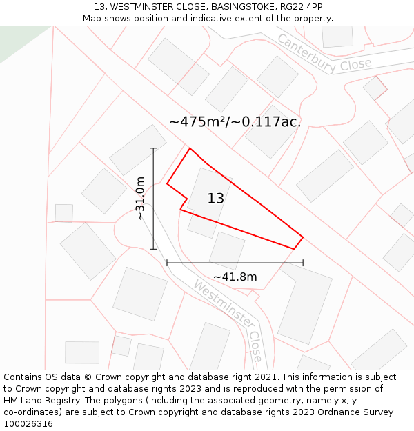 13, WESTMINSTER CLOSE, BASINGSTOKE, RG22 4PP: Plot and title map
