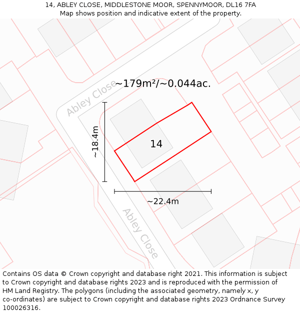 14, ABLEY CLOSE, MIDDLESTONE MOOR, SPENNYMOOR, DL16 7FA: Plot and title map