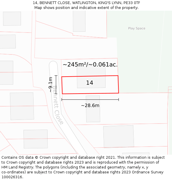 14, BENNETT CLOSE, WATLINGTON, KING'S LYNN, PE33 0TF: Plot and title map
