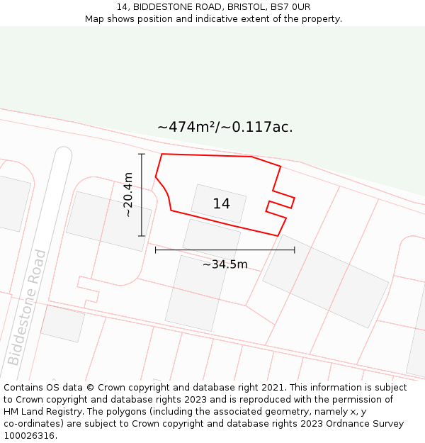 14, BIDDESTONE ROAD, BRISTOL, BS7 0UR: Plot and title map