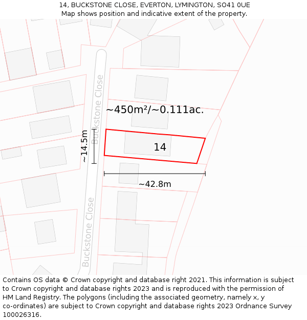 14, BUCKSTONE CLOSE, EVERTON, LYMINGTON, SO41 0UE: Plot and title map