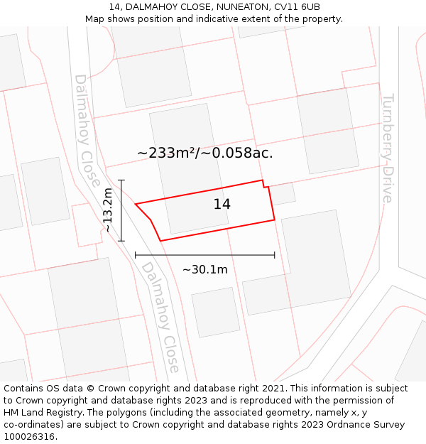 14, DALMAHOY CLOSE, NUNEATON, CV11 6UB: Plot and title map