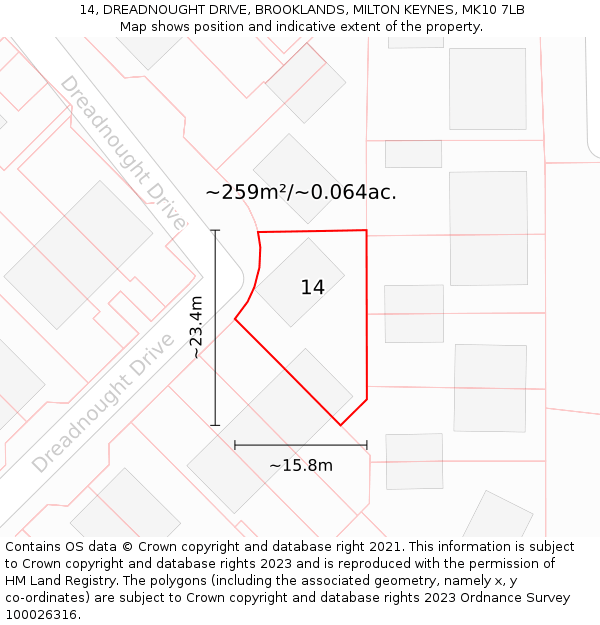 14, DREADNOUGHT DRIVE, BROOKLANDS, MILTON KEYNES, MK10 7LB: Plot and title map