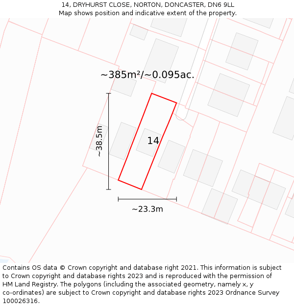14, DRYHURST CLOSE, NORTON, DONCASTER, DN6 9LL: Plot and title map