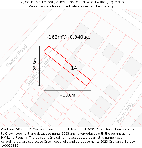 14, GOLDFINCH CLOSE, KINGSTEIGNTON, NEWTON ABBOT, TQ12 3FQ: Plot and title map