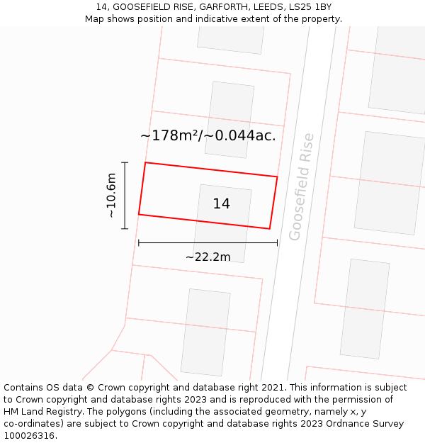 14, GOOSEFIELD RISE, GARFORTH, LEEDS, LS25 1BY: Plot and title map