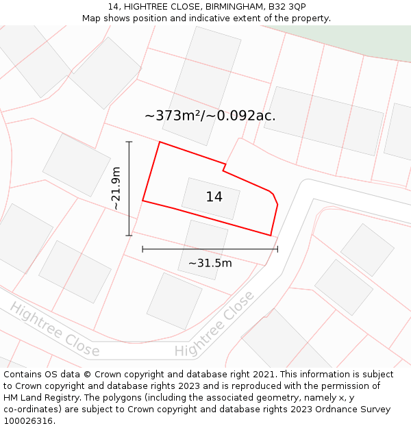 14, HIGHTREE CLOSE, BIRMINGHAM, B32 3QP: Plot and title map