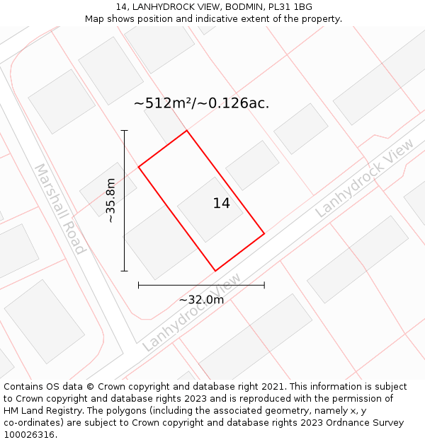 14, LANHYDROCK VIEW, BODMIN, PL31 1BG: Plot and title map