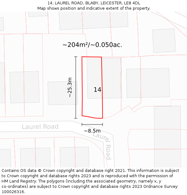 14, LAUREL ROAD, BLABY, LEICESTER, LE8 4DL: Plot and title map