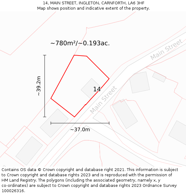 14, MAIN STREET, INGLETON, CARNFORTH, LA6 3HF: Plot and title map