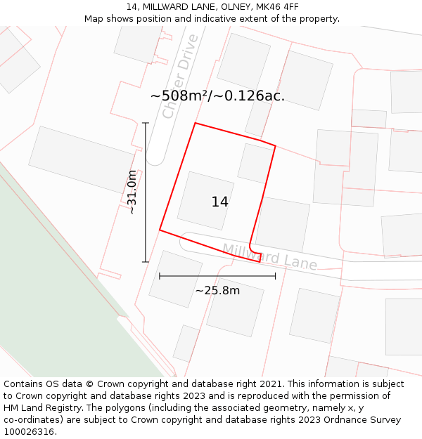 14, MILLWARD LANE, OLNEY, MK46 4FF: Plot and title map