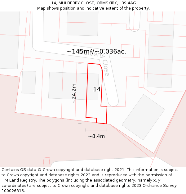 14, MULBERRY CLOSE, ORMSKIRK, L39 4AG: Plot and title map