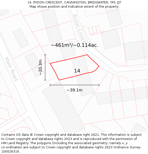 14, RYDON CRESCENT, CANNINGTON, BRIDGWATER, TA5 2JT: Plot and title map
