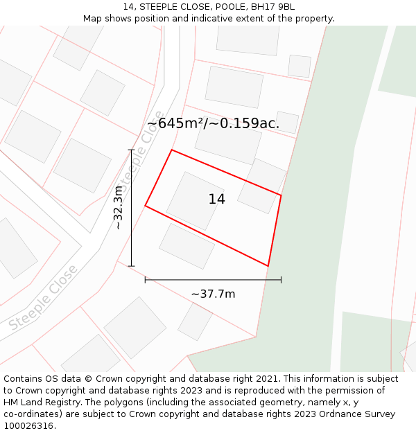 14, STEEPLE CLOSE, POOLE, BH17 9BL: Plot and title map