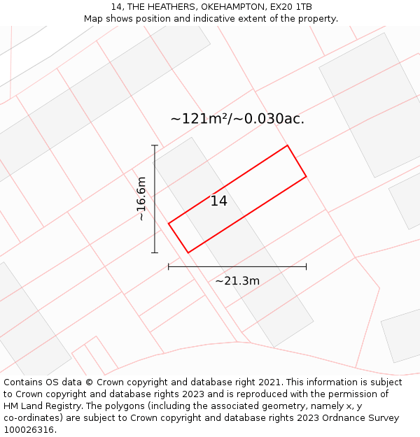 14, THE HEATHERS, OKEHAMPTON, EX20 1TB: Plot and title map