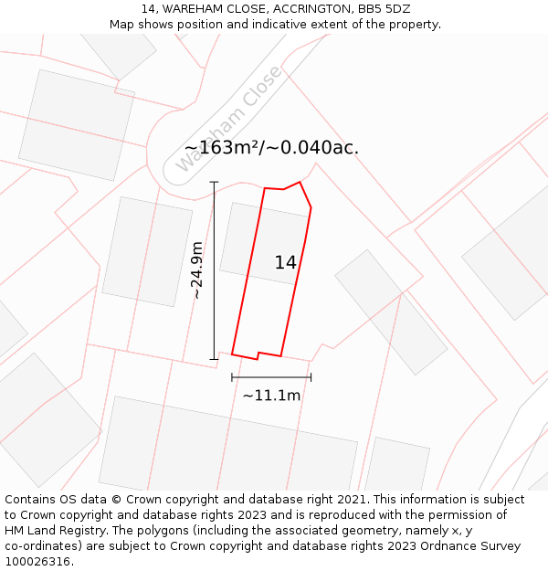 14, WAREHAM CLOSE, ACCRINGTON, BB5 5DZ: Plot and title map