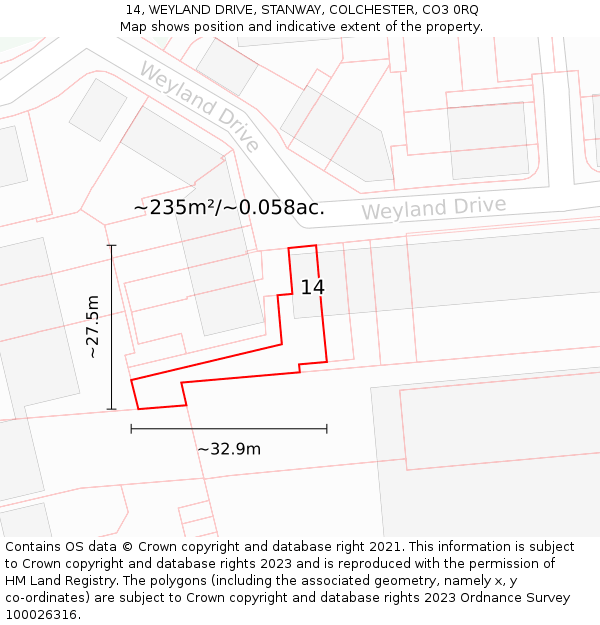 14, WEYLAND DRIVE, STANWAY, COLCHESTER, CO3 0RQ: Plot and title map