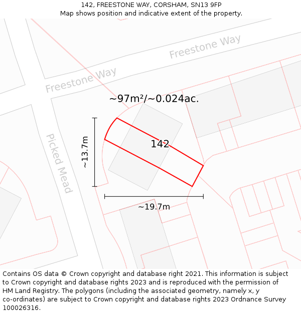 142, FREESTONE WAY, CORSHAM, SN13 9FP: Plot and title map