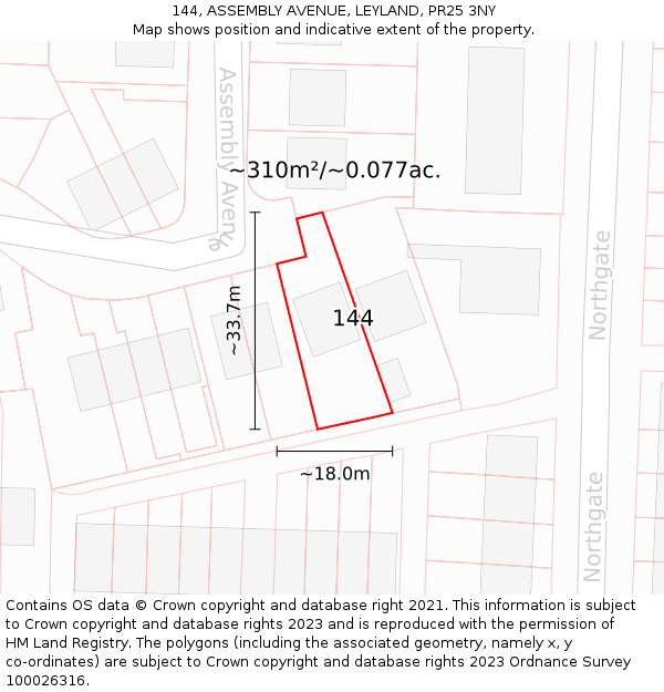 144, ASSEMBLY AVENUE, LEYLAND, PR25 3NY: Plot and title map