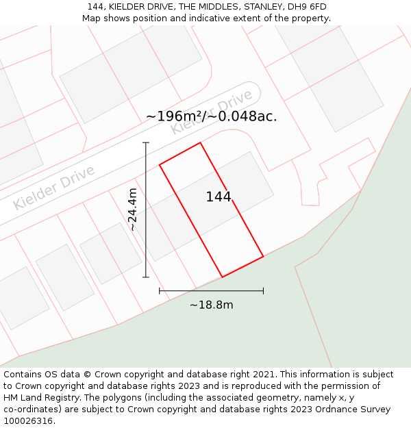 144, KIELDER DRIVE, THE MIDDLES, STANLEY, DH9 6FD: Plot and title map