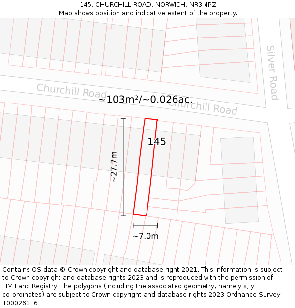 145, CHURCHILL ROAD, NORWICH, NR3 4PZ: Plot and title map
