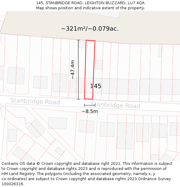 145, STANBRIDGE ROAD, LEIGHTON BUZZARD, LU7 4QA: Plot and title map