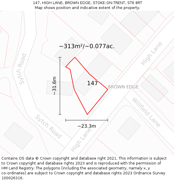 147, HIGH LANE, BROWN EDGE, STOKE-ON-TRENT, ST6 8RT: Plot and title map