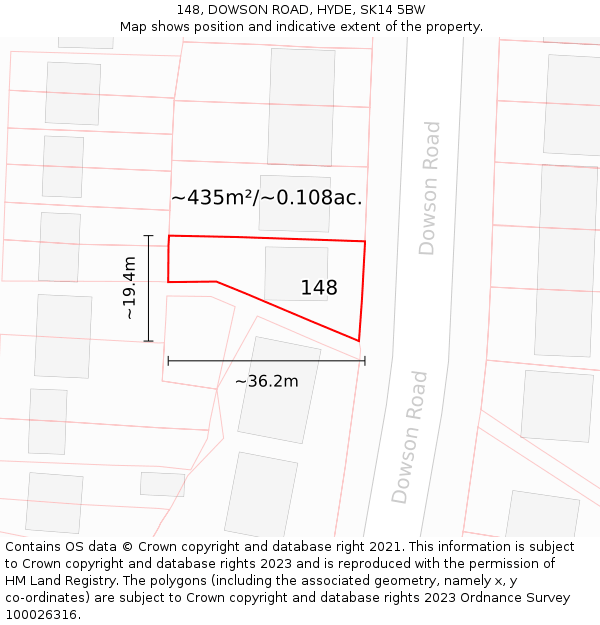 148, DOWSON ROAD, HYDE, SK14 5BW: Plot and title map
