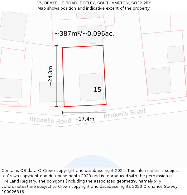 15, BRAXELLS ROAD, BOTLEY, SOUTHAMPTON, SO32 2RX: Plot and title map