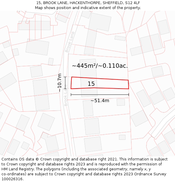15, BROOK LANE, HACKENTHORPE, SHEFFIELD, S12 4LF: Plot and title map