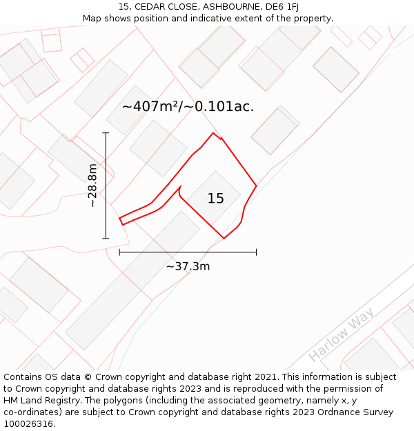 15, CEDAR CLOSE, ASHBOURNE, DE6 1FJ: Plot and title map