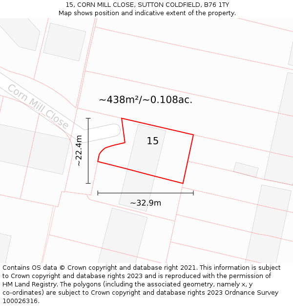 15, CORN MILL CLOSE, SUTTON COLDFIELD, B76 1TY: Plot and title map