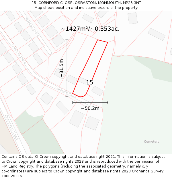 15, CORNFORD CLOSE, OSBASTON, MONMOUTH, NP25 3NT: Plot and title map
