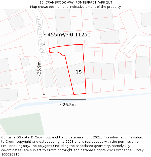 15, CRANBROOK WAY, PONTEFRACT, WF8 2UT: Plot and title map