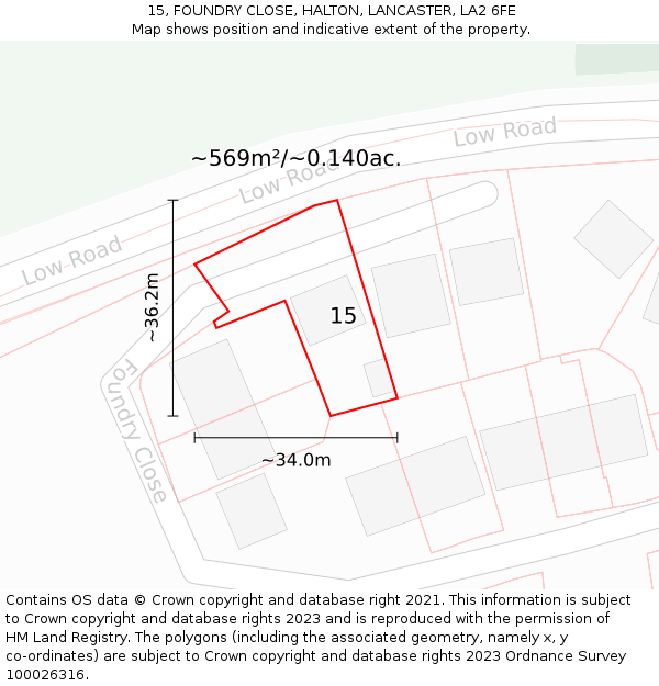 15, FOUNDRY CLOSE, HALTON, LANCASTER, LA2 6FE: Plot and title map