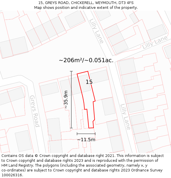 15, GREYS ROAD, CHICKERELL, WEYMOUTH, DT3 4FS: Plot and title map