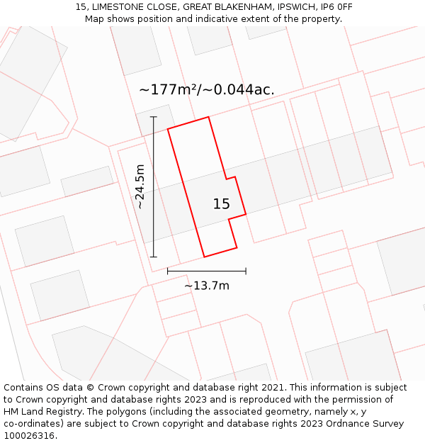 15, LIMESTONE CLOSE, GREAT BLAKENHAM, IPSWICH, IP6 0FF: Plot and title map