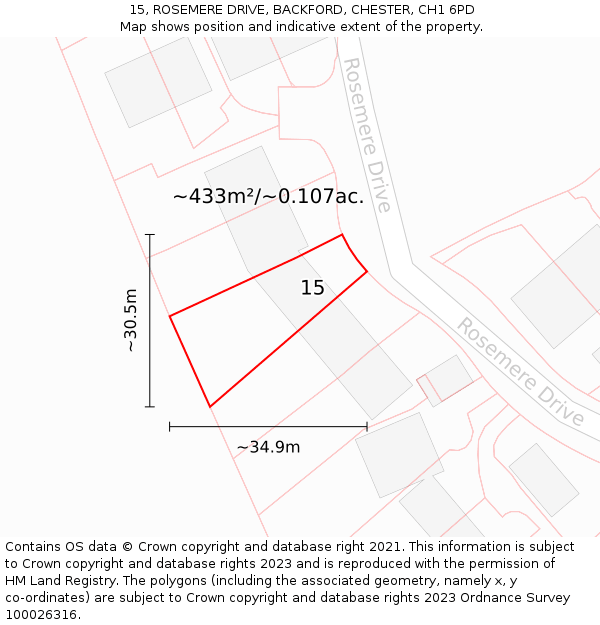 15, ROSEMERE DRIVE, BACKFORD, CHESTER, CH1 6PD: Plot and title map