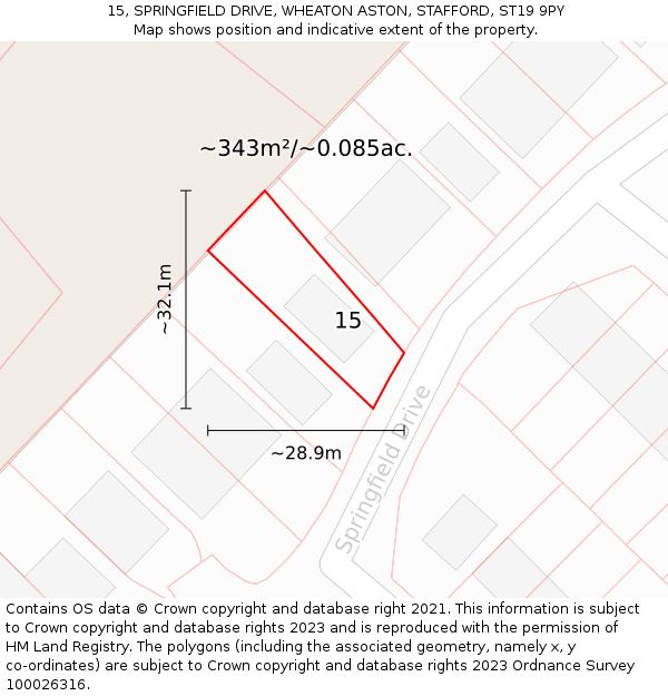 15, SPRINGFIELD DRIVE, WHEATON ASTON, STAFFORD, ST19 9PY: Plot and title map