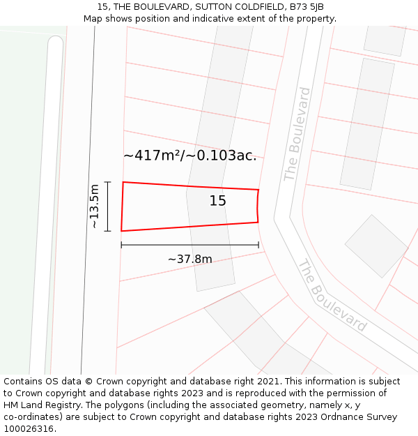 15, THE BOULEVARD, SUTTON COLDFIELD, B73 5JB: Plot and title map
