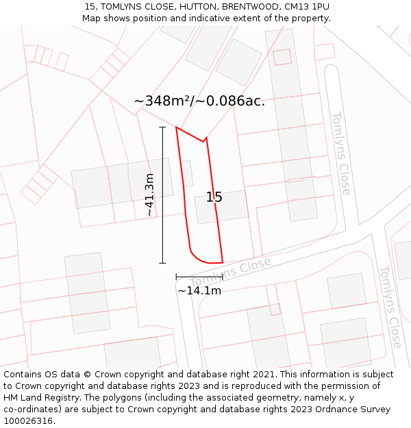 15, TOMLYNS CLOSE, HUTTON, BRENTWOOD, CM13 1PU: Plot and title map