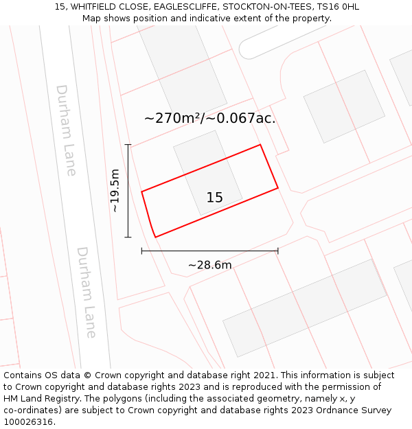 15, WHITFIELD CLOSE, EAGLESCLIFFE, STOCKTON-ON-TEES, TS16 0HL: Plot and title map