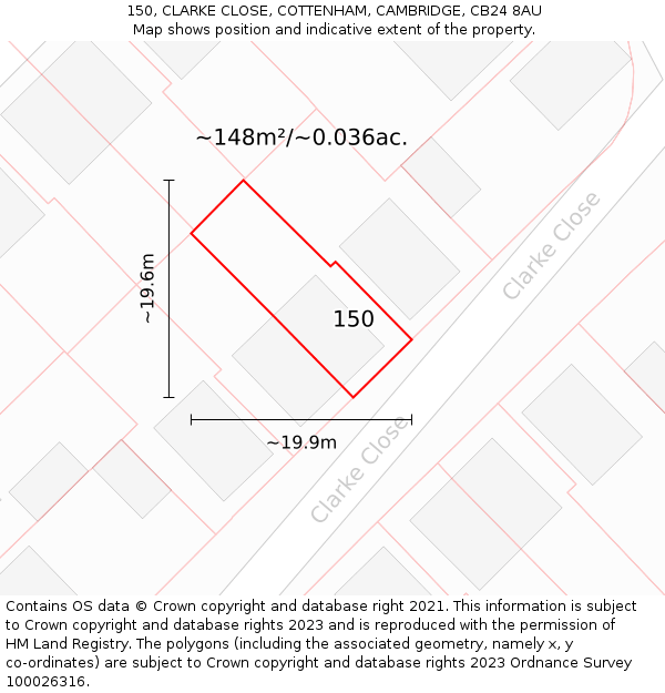 150, CLARKE CLOSE, COTTENHAM, CAMBRIDGE, CB24 8AU: Plot and title map