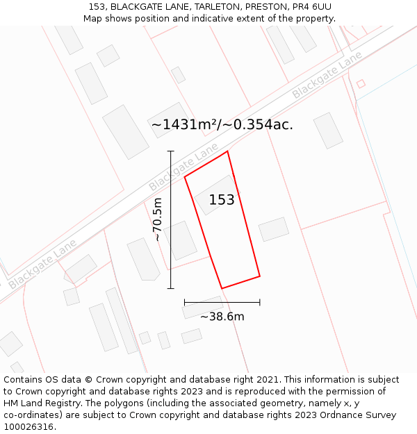 153, BLACKGATE LANE, TARLETON, PRESTON, PR4 6UU: Plot and title map