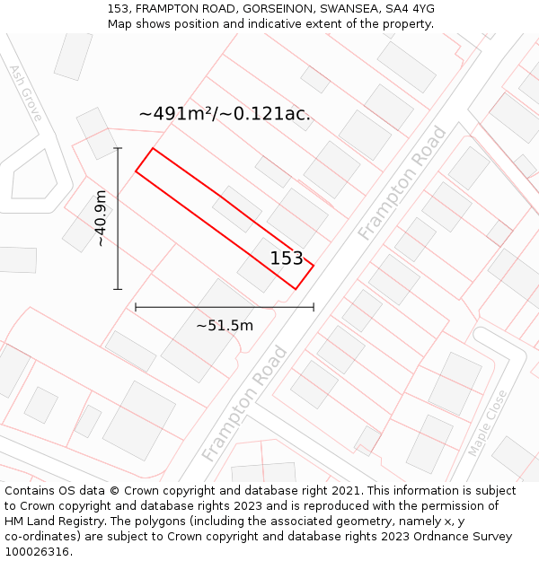 153, FRAMPTON ROAD, GORSEINON, SWANSEA, SA4 4YG: Plot and title map