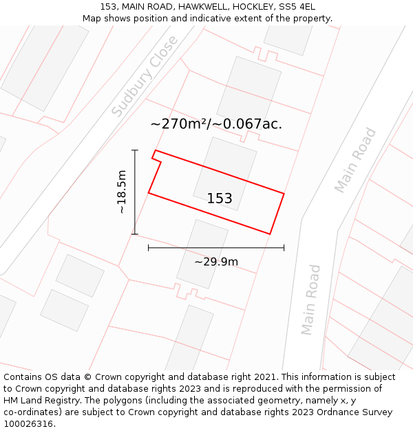 153, MAIN ROAD, HAWKWELL, HOCKLEY, SS5 4EL: Plot and title map